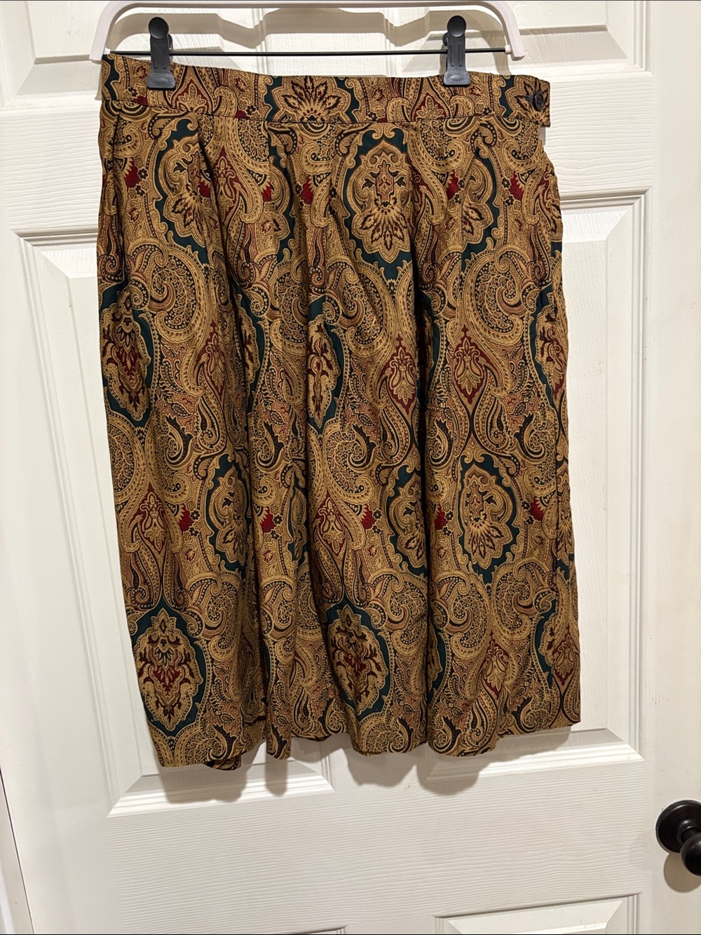 Vintage Rayon Paisley Print Midi Skirt in Gold and Green